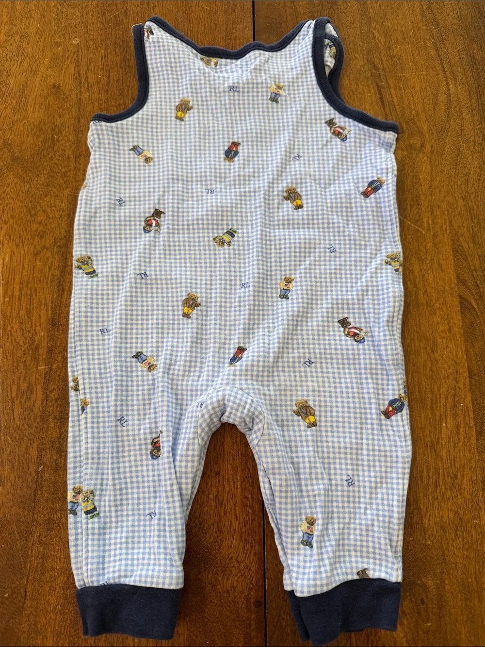 Ralph Lauren Boys 6 month Light Blue Gingham Bear & Toy Print Infant Romper